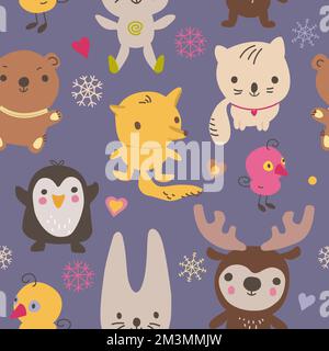 Tiere, handgezeichnet, nahtlos. Süßes Hirsch, Häschen, Kätzchen, Bär, Fuchs im Pulli, Schals Cartoon-Figuren für den Winter. Stock Vektor