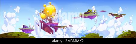 Fantasy-Inseln mit magischem Baum, der im Himmel schwebt. Cartoon Illustration von Abenteuer-Spiel-Plattformen. Landschaft mit Stück Land mit grünen gr Stock Vektor