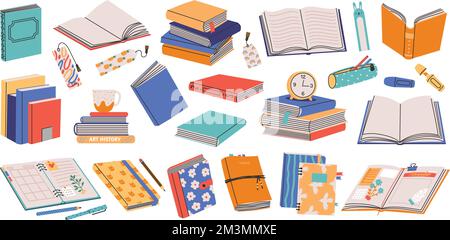 Büchersammlung. Stapel offener, geschlossener Notizbuch-Tagebuch-Wörterbuch-Planer mit Lesezeichen, Zeichentrickliteratur. Farbenfrohes Kollektiv mit Vektordesign Stock Vektor