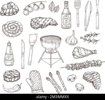 Gegrilltes Essen zeichnen. Grillgeräte, Saucen und Fleisch. Handgezeichnete gravierende Grillelemente, Vektoranordnung von Grillpicknick und Grillgerichten Stock Vektor