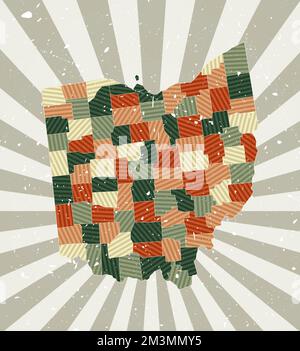 Ohios Oldtimer-Karte. Grunge-Poster mit Karte des US-Bundesstaates in Retro-Farbpalette. Form von Ohio mit Sonnenstrahlen Hintergrund. Vektorabbildung. Stock Vektor