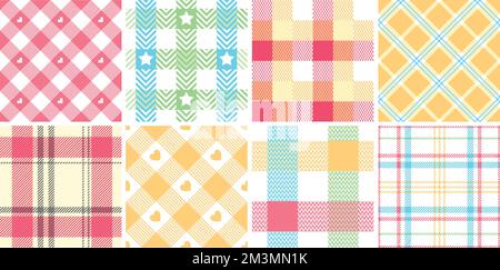 Nahtloses Picknick-Karomuster. Pastellfarbene Decke, bequemes Karomuster für die osterwochenenden und geometrisch verflochtene Gittervektorhintergründe mit Gingham Stock Vektor