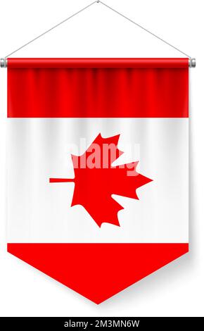 Vertikale Pennant-Flagge von Kanada als Symbol auf Weiß mit Schatteneffekten. Patriotisches Schild in offizieller Farbe und kanadischer Flagge mit Metallic-Stangen Ha Stock Vektor