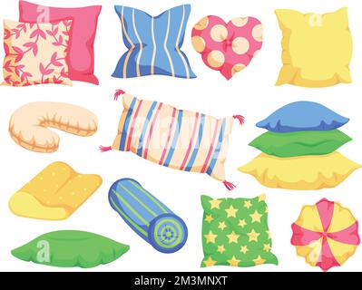 Bequemes Kissen. Bettkissen, unterschiedlich geformte mehrfarbige Kissen für den Schlaf und Schlafzimmer Dekor Textil Cartoon Vektorset aus Kissen komfortabel und Heim weich Stock Vektor