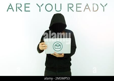 Konzeptionelle Beschriftung Are You Ready. Ein Wort für Wachsamkeit Vorsorge Dringlichkeit Spiel starten Beeil dich weit wach Stockfoto