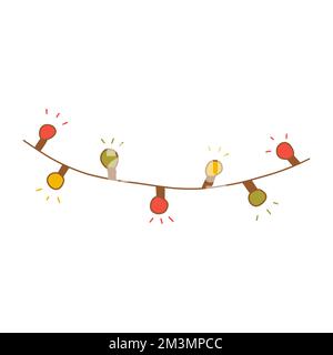 Girlande mit roten, gelben und grünen Glühbirnen. Weihnachtsdekoration und Neujahrsdekoration. Farbenfrohe Vektor-isolierte Illustration handgezeichnete Kritzelei. Saisonal Stock Vektor