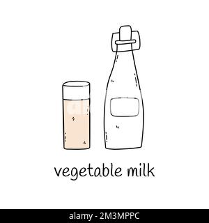 Flasche und ein Glas Gemüsemilch. Gesunde Alternative zur Tiermilch. Vektorisolierte handgezeichnete Kritzelbildgebung. Symbol oder Karte Stock Vektor