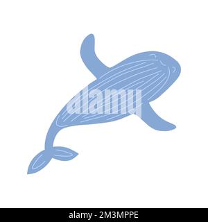 Süßer, lächelnder blauer Wal schwimmt. Farbenfrohe Vektor-isolierte Illustration handgezeichnete Kritzelei. Wildtiere, Säugetiere, große alte Weise Tiere, die in der O leben Stock Vektor