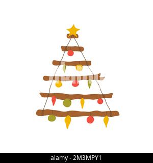 Mauerweihnachtsbaum aus Holzstäbchen und -Seil, mit Spielzeug für Weihnachten und Neujahr. Vektor farbige Illustration isoliert handgezeichnet. Winterurlaub Stock Vektor