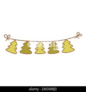 Festliche Garlandh mit grünen kleinen weihnachtsbäumen. Farbenfrohe Vektor-isolierte Illustration handgezeichnete Kritzelei. Innenausstattung. Winterferien Stock Vektor