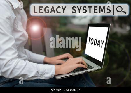 Inspiration für das Vorzeigen von älteren Signage-Systemen. Begriff, der ein Computersystem oder Anwendungsprogramm mit alter Methodentechnik bedeutet Stockfoto