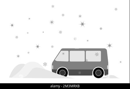 Ein Minibus, der in einer Schneeverwehung steckt. Winterfahrten. Säubern von schneebedeckten Geräten. Stock Vektor