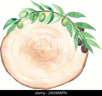 Aquarelle Holzscheibe mit olivem Zweigstrauß. Moderner grüner Kranz. Hochzeitseinladungskarte. Handgezogenes Frühlingsgrün Stockfoto
