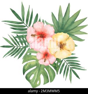 Aquarelle, tropische Blumenstrauß-Illustration. Grüne tropische Blätter Kranz. Monstera-Blatt. Sommerblumen zum Höhepunkt. Blumenarrangements am Strand. Hochzeit Stockfoto