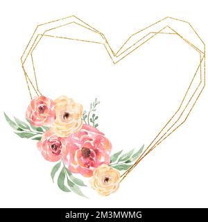 Aquarell Rosa und Gelb Blumen und Grün Rahmendarstellung. Grüne Sommerblätter und Blumen goldener Herzrahmen. Hochzeitseinladung. Laubwerk Kl Stockfoto