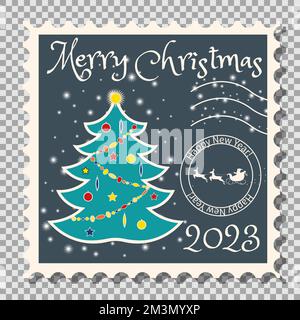 Weihnachtsbaum mit Spielzeug und einer Girlande auf einer Briefmarke. Auf einer transparenten Hintergrundvektordarstellung Stock Vektor