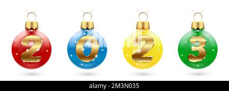 Weihnachtsdekoration mit den Zahlen 2023 - Bälle mit glänzenden Diamanten. Frohes neues Jahr und frohe Weihnachtsgrüße. Ein Set mit vier verschiedenen Spielzeugen Stock Vektor