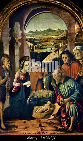 Verehrung der Hirten mit St. Johannes der Täufer von Pietro di Francesco Orioli, italienischer Maler der Renaissance von 1458 bis 1496. Italien, Italienisch. Stockfoto