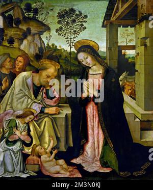 Verehrung der Hirten - Verehrung der Hirten durch Bernardino di Betto ( Pintoricchio ) Bernardino Pinturicchio 1454 – 1513 italienischer Maler der Renaissance. Italien, Italienisch. Stockfoto