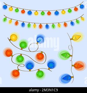 Weihnachtsgirlande. Set aus glühender Girlande mit verschiedenen Farben. Vektor. Illustration. EPS10 Stock Vektor