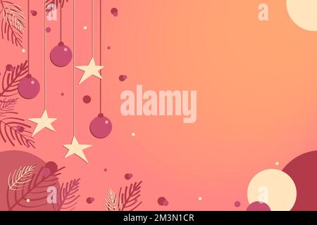 Pinkfarbener Hintergrund für Neujahr und Weihnachten 2023 für Grußkarten oder Einladungen mit kreisförmigen Mustern, Sternen, Ballons und Weihnachtsbaumpfoten. Vektor Stock Vektor