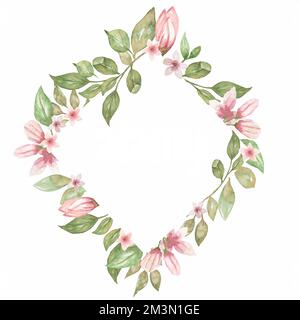 Handgezeichnete Aquarelle mit Blumen. Schöner, zarter Rahmen in neutralen, trendigen Farben. Elegante Blumenkollektion mit isolierten sanften Blättern und Blumen Stockfoto