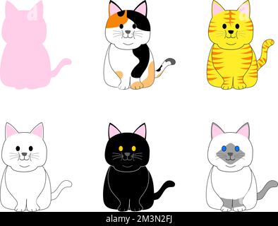 Eine Gruppe fetter Katzen mit weißem Hintergrund Stockfoto