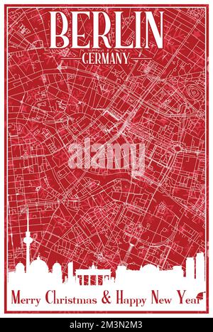 Rote, handgezeichnete Weihnachtspostkarte aus dem BERLINER Stadtzentrum mit hervorgehobener Skyline und Schriftzug Stock Vektor