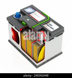 3D Abbildung einer generischen Autobatterie, die einen Teil des inneren Aufbaus der Batterie zeigt. Stockfoto