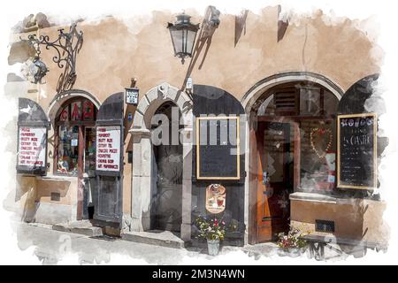 Straße einer europäischen Stadt. Wahrzeichen der Warschauer Altstadt. Aquarell-Darstellungsstil. Bunte Häuser der Touristenroute. Sehenswürdigkeiten Attraktionen. Hausstraßen bauen Stockfoto