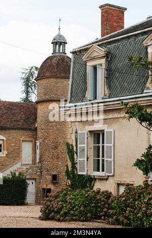 Ein vertikales Bild eines alten, antiken Schlosses mit Turm in Frankreich Stockfoto