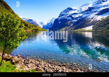 Blick auf den Bergsee, Lake Lovatnet. Klares Wasser aus Gletscherschmelzwasser des Kjenndalsbreen-Gletschers. Alt, Norwegen Stockfoto