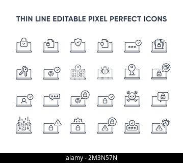 Symbole für die Vektorlinien des Laptops. Symbolsammlung für Datenschutz und Schutz des Computers. Sicherheitssymbole für Notebook-Netzwerke. Bearbeitbare Pixel Perfect Stock Vektor