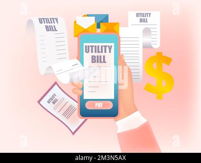 Vektor einer Hand, die ein Smartphone hält und die Rechnungen von Versorgungsunternehmen bezahlt. Stock Vektor