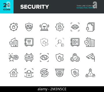 Symbolsatz für Sicherheitsvektorlinie. Symbolsammlung für Datenschutz und Heimschutz. Sicherheitssymbole für Privateigentum. Bearbeitbare Pixel Perfect Stock Vektor