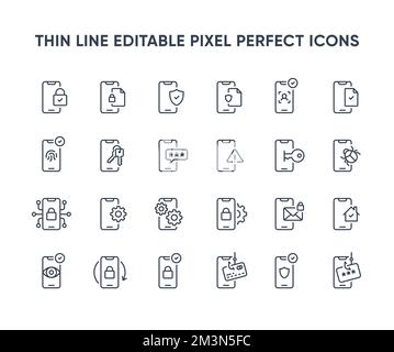 Vektorlinien-Symbole für die Telefonsicherheit. Sammlung von Symbolen für Datenschutz und Schutz im Internet auf Smartphones. Sicherheitssymbole für Telefonnetzwerke. Bearbeitbare Pixelleistung Stock Vektor