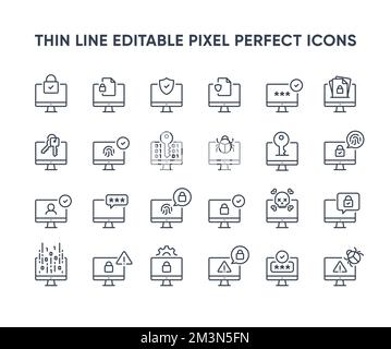 Symbole für Vektorlinien der Desktop-Sicherheit. Symbolsammlung für Datenschutz und Schutz des Computers. Sicherheitssymbole für Computernetzwerke. Bearbeitbare Pixel Perfect Stock Vektor