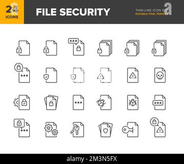 Symbolgruppe für Vektorlinien der Dateisicherheit. Sammlung von Symbolen für den Dokumentschutz. Verschiedene Varianten des Symbols für Dateisicherheit. Bearbeitbare Pixel Perfect Stock Vektor