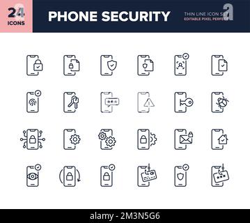 Vektorlinien-Symbolsatz für Telefonsicherheit. Sicherheitssymbole für das Smartphone-Netzwerk. Sammlung von Symbolen für Datenschutz und Schutz im Internet. Bearbeitbare Symbole Stock Vektor