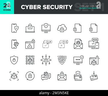 Symbolsatz für Vektorlinien der Cybersicherheit. Symbolsammlung für Datenschutz und Internetschutz. Sicherheitssymbole für Computer- und Smartphone-Netzwerke. Bearbeitbare Symbole Stock Vektor