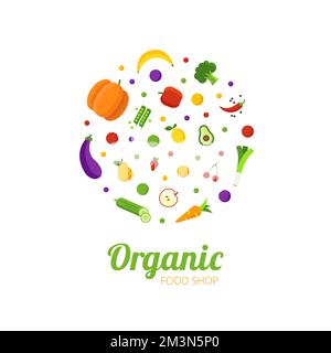 Logo-Design für Bio-Lebensmittelgeschäft. Gesunder Lebensmittelkreis mit verschiedenen Obst- und Gemüsesymbolen. Abstraktes Logo für Bio-Shop, vegetarisches Café Stock Vektor