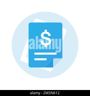 Symbol "Rechnung". Zahlung und Rechnungsstellung. Gestaltung des Steuerzeichens. Symbol für Finanzbelege in Papierform. Flache blaue Feile mit Dollarzeichen. Vektor Stock Vektor