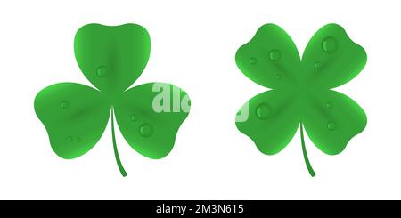 Vierblättriges Klee und Shamrock mit Wassertropfen. Vektor. Stock Vektor