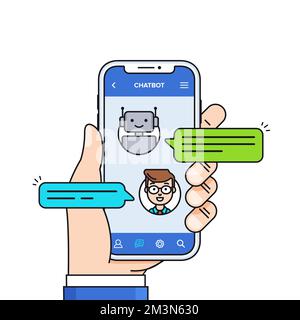 Chatbot-Konzept. Mann, der mit Chat bot auf dem Smartphone chattet. Smart bot antwortet dem Benutzer im Messenger. Vektordarstellung in modernem, flachen Stil Stock Vektor