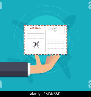 Luftpost-Vektordarstellung. Hand hält einen Umschlag mit Briefmarke. Flachsymbol für Luftpost-Zustellung. Vektordarstellung Stock Vektor