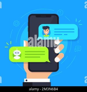 Flaches Chatbot-Symbol. Mann, der mit Chat bot auf dem Smartphone chattet. Die Hand hält das Telefon mit Chatblasen auf dem Bildschirm. Benachrichtigung über Chatnachrichten am Telefon Stock Vektor