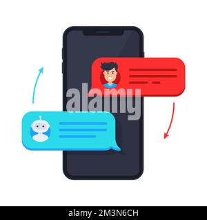 Chatbot-Symbol. Mann, der mit Chat bot auf dem Smartphone chattet. SMS-Bubbles auf dem Bildschirm des Mobiltelefons. Benachrichtigung über Chatnachrichten am Telefon. Vektordarstellung Stock Vektor