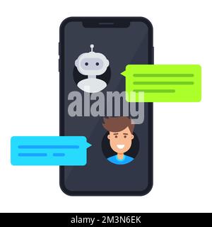 Chatbot-Konzept. Mann, der mit Chat bot auf dem Smartphone chattet. Telefonbotenkonzept. Onlinekonversation mit Textnachricht. Flache Vektordarstellung Stock Vektor