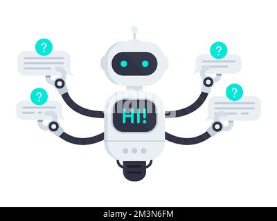 Roboter isoliert auf weiß. Chat bot hält Sprechblasen. Bot sagt Hallo auf dem Bildschirm und hat ein einzelnes Rad. Kundendienst-Chatbot. Vektor Stock Vektor