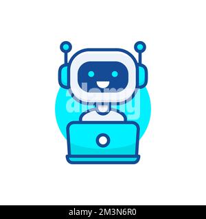 Chatbot-Symbol. Süßer Roboter, der hinter einem Laptop arbeitet. Modernes Bots-Design. Lächelnder Kundenservice-Roboter. Vektordarstellung mit flacher Linie Stock Vektor